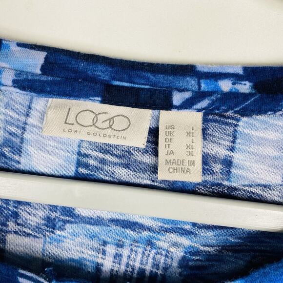 LOGO Lori Goldstein Size Large Printed Cotton Slub 3/4 Sleeve Cardigan Blue - Picture 5 of 5